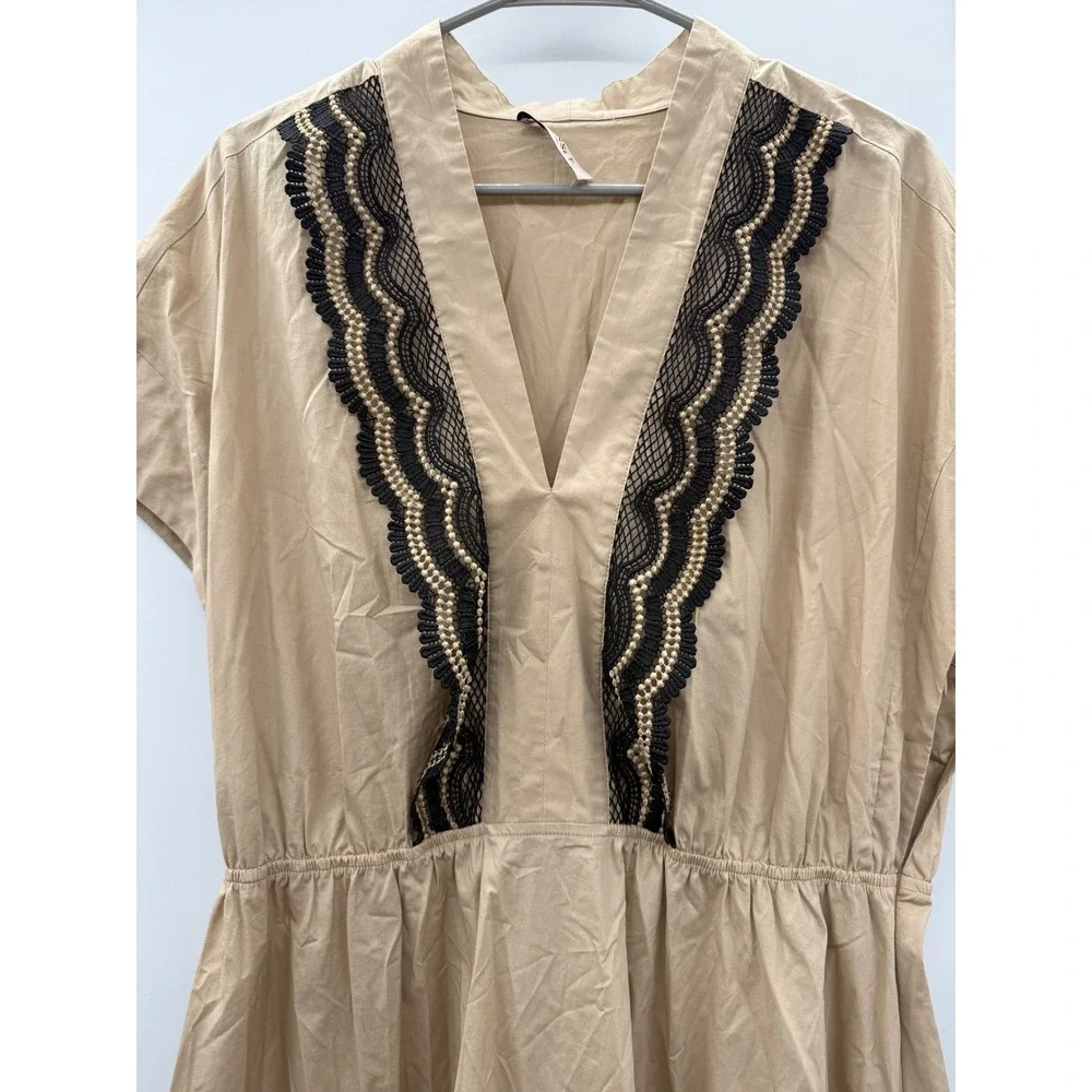 Twinset Milano Lace Trim V-Neck Short Sleeve Dress Women's IT 46 Beige Boho Chic - Picture 4 of 15